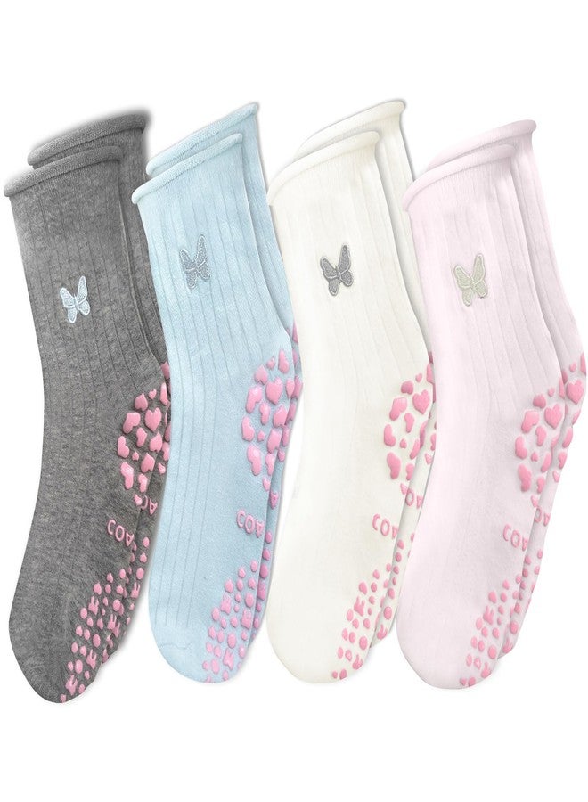 COARVXA 4 Pairs Cute Pilates Grip Socks for Women Butterfly Embroidery Non Slip Grip Socks for Yoga, Barre, Barefoot - Image 1